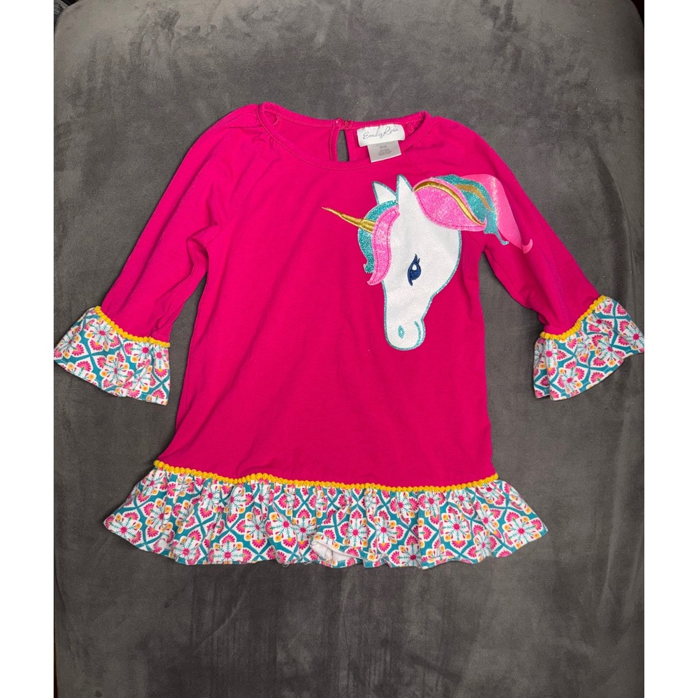 Emily Rose Girls Pink Unicorn Glitter Tunic Dress Bell Sleeves Pom Pom Trim 6